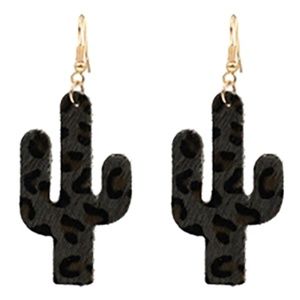 GRAY CACTUS ANIMAL LEATHER PRINT HOOK EARRINGS-LEOPARD
